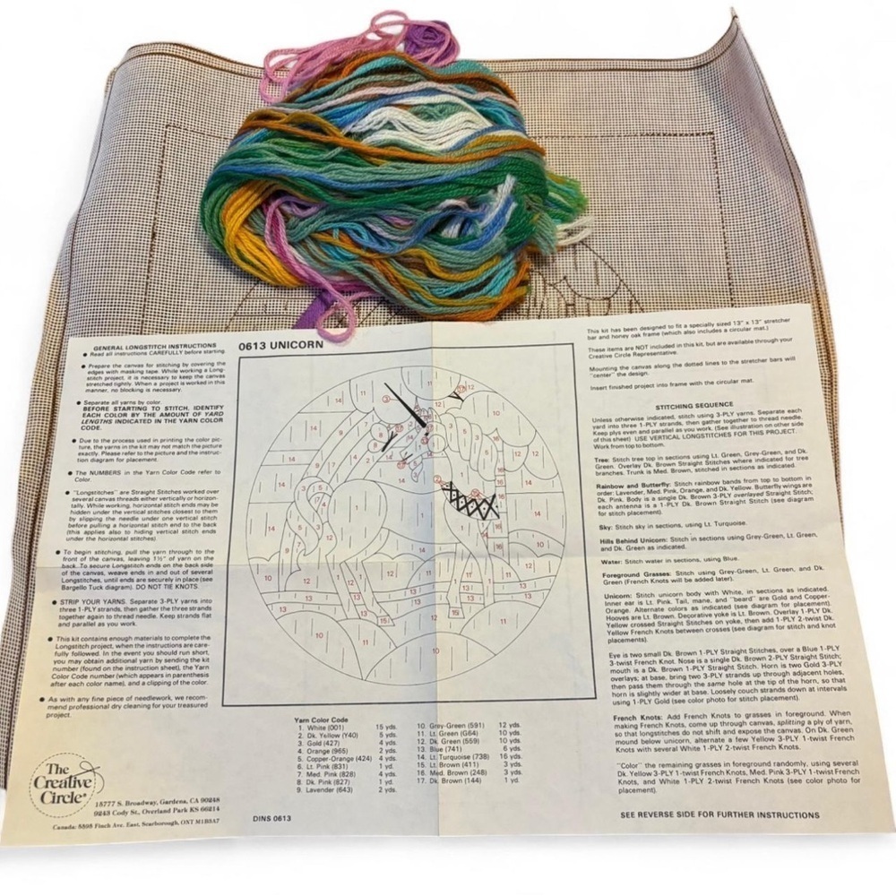 VTG 80s Crewel Unicorn Long Stitch Kit Wool Yarn Partially Started - Picture 4 of 5